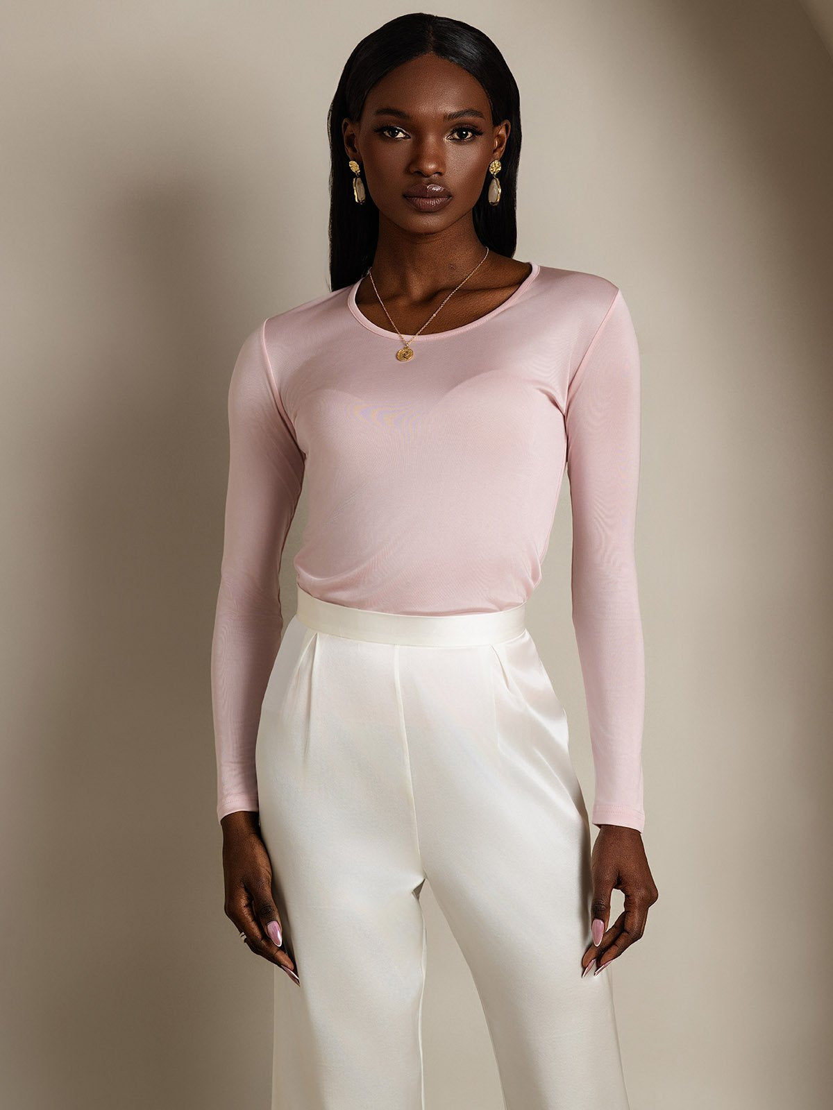 Mélange De Soie Col Rond Manches Longues T-Shirt