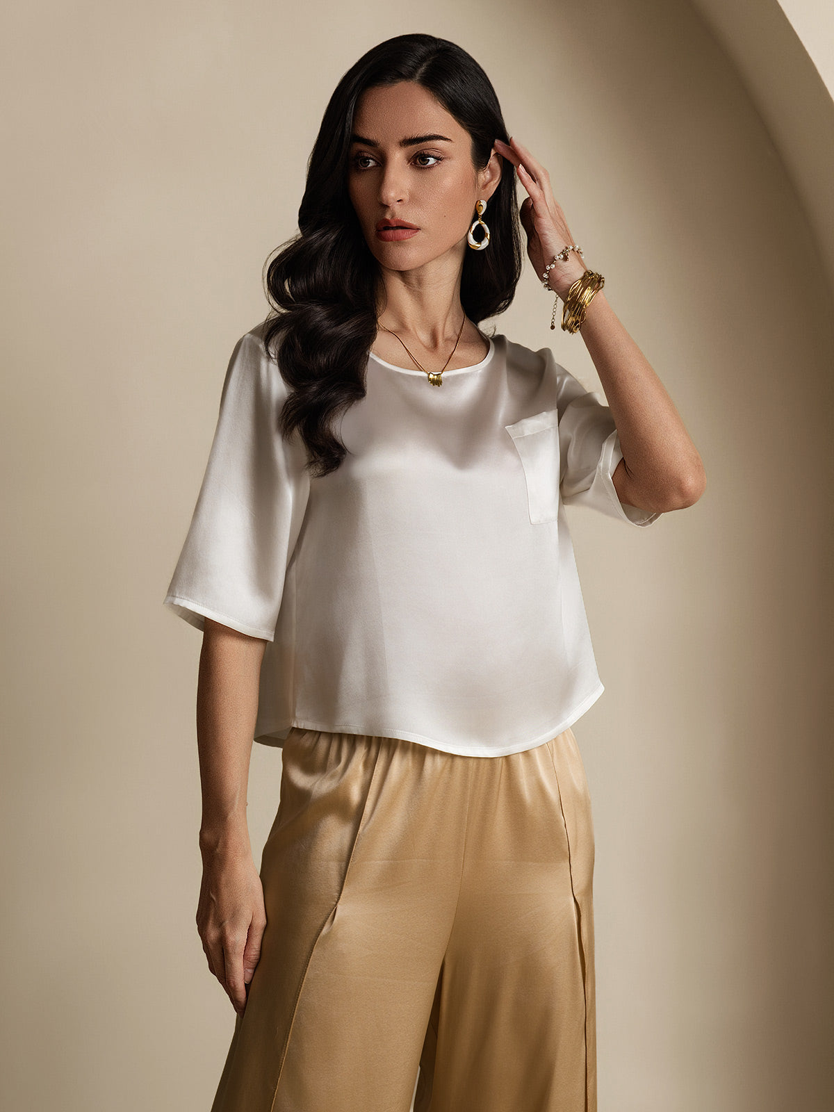 Femme T-Shirt Pure Soie Occasionnel Manches mi-longues