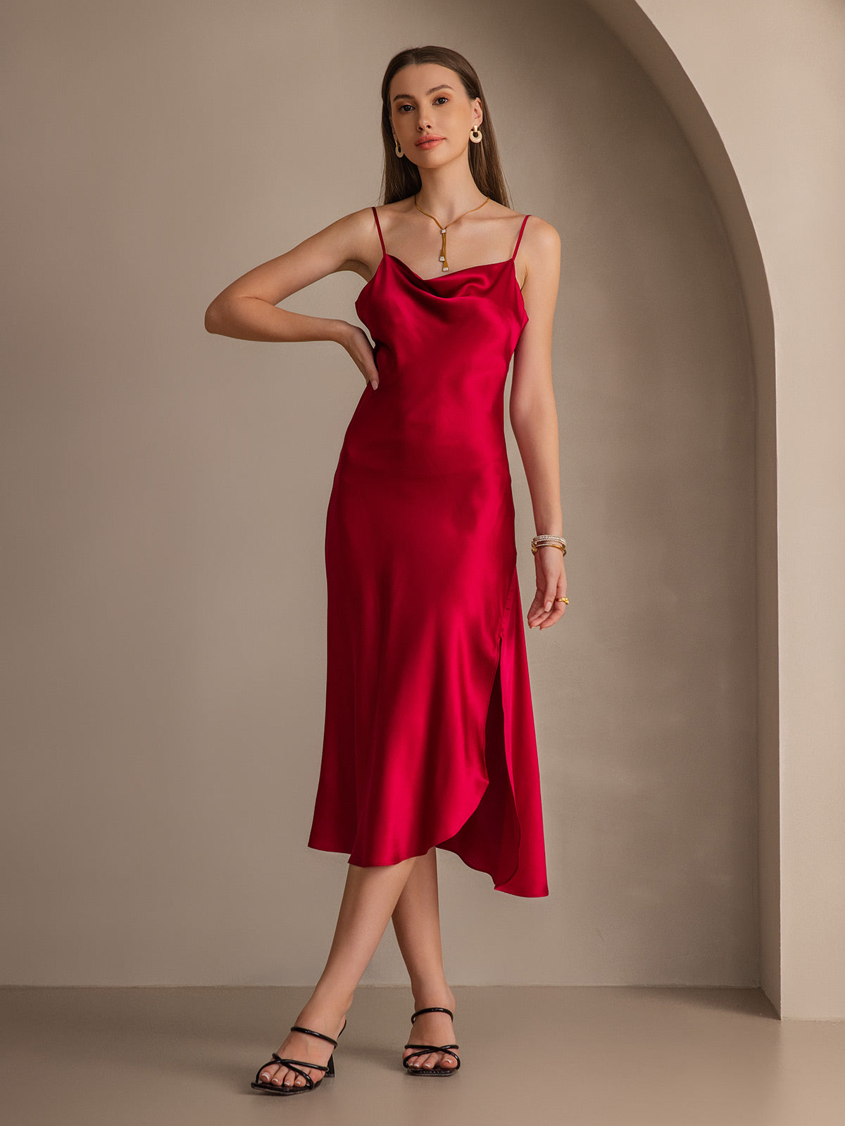 Pure Soie Bretelles Spaghetti Fente Longue Robe