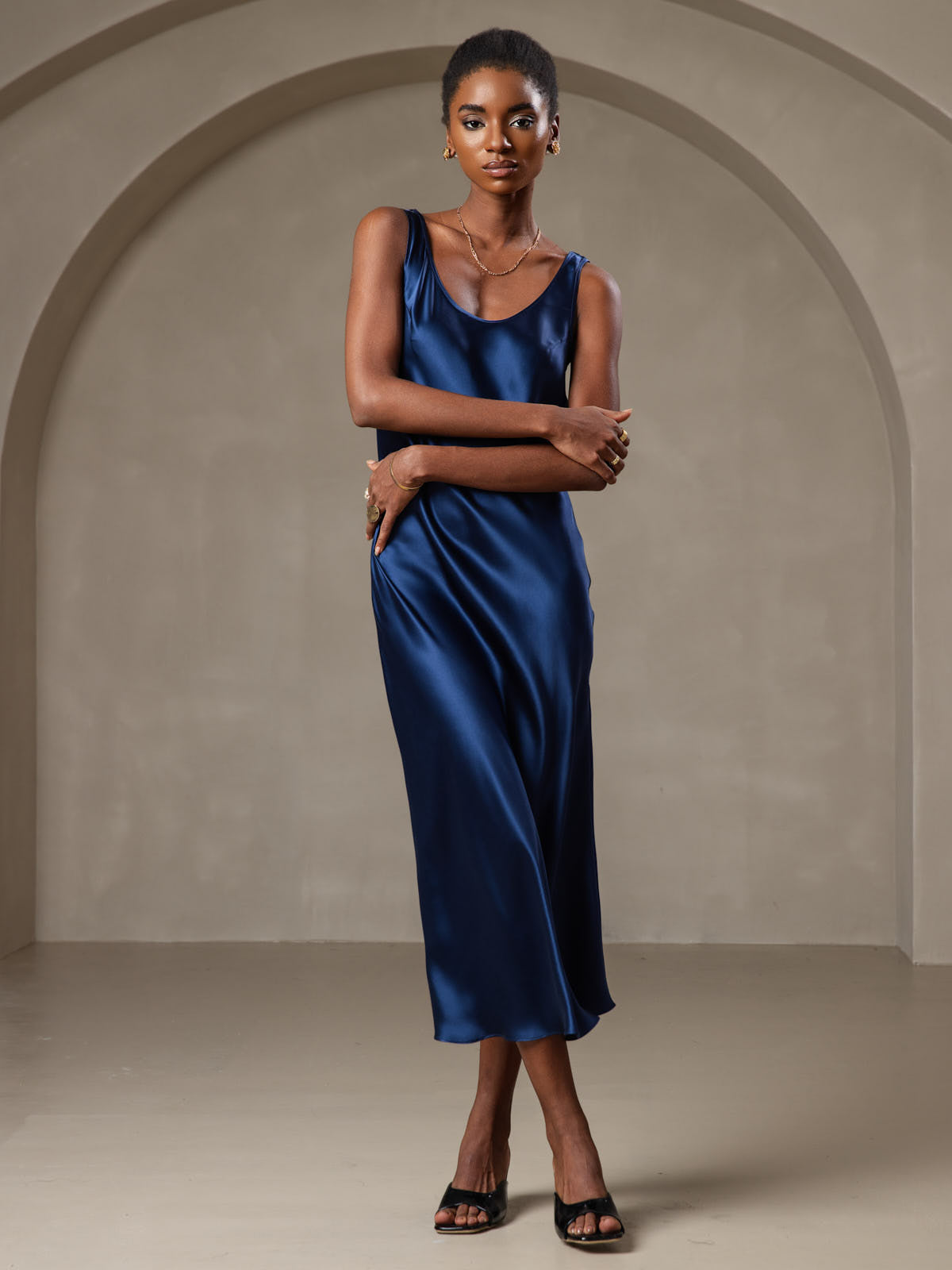 Pure Soie Sangle Larges Sans Manches Longue Robe