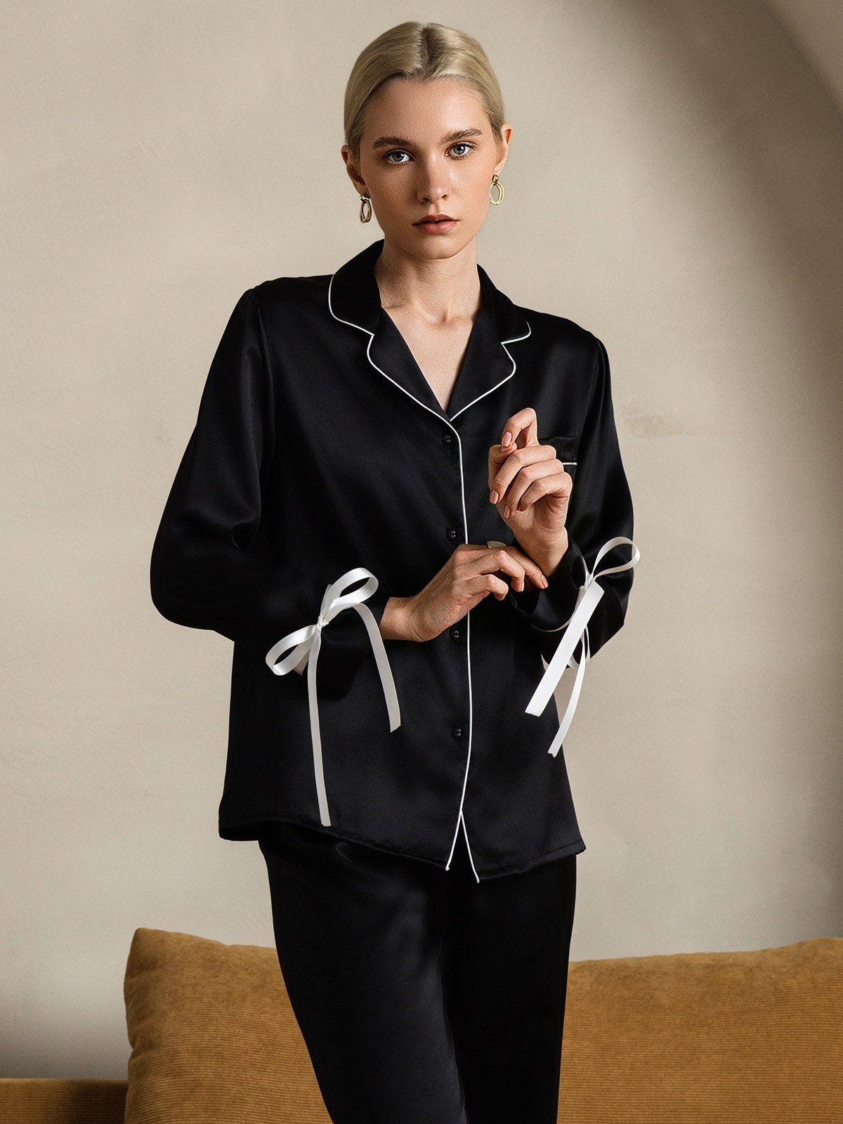 Pure Soie Longues Manches Pantalon Pyjama Set