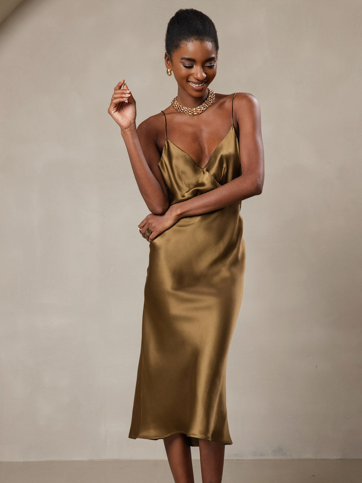 Pure Soie Col V Profond Sans Dos Longue Glisser Robe