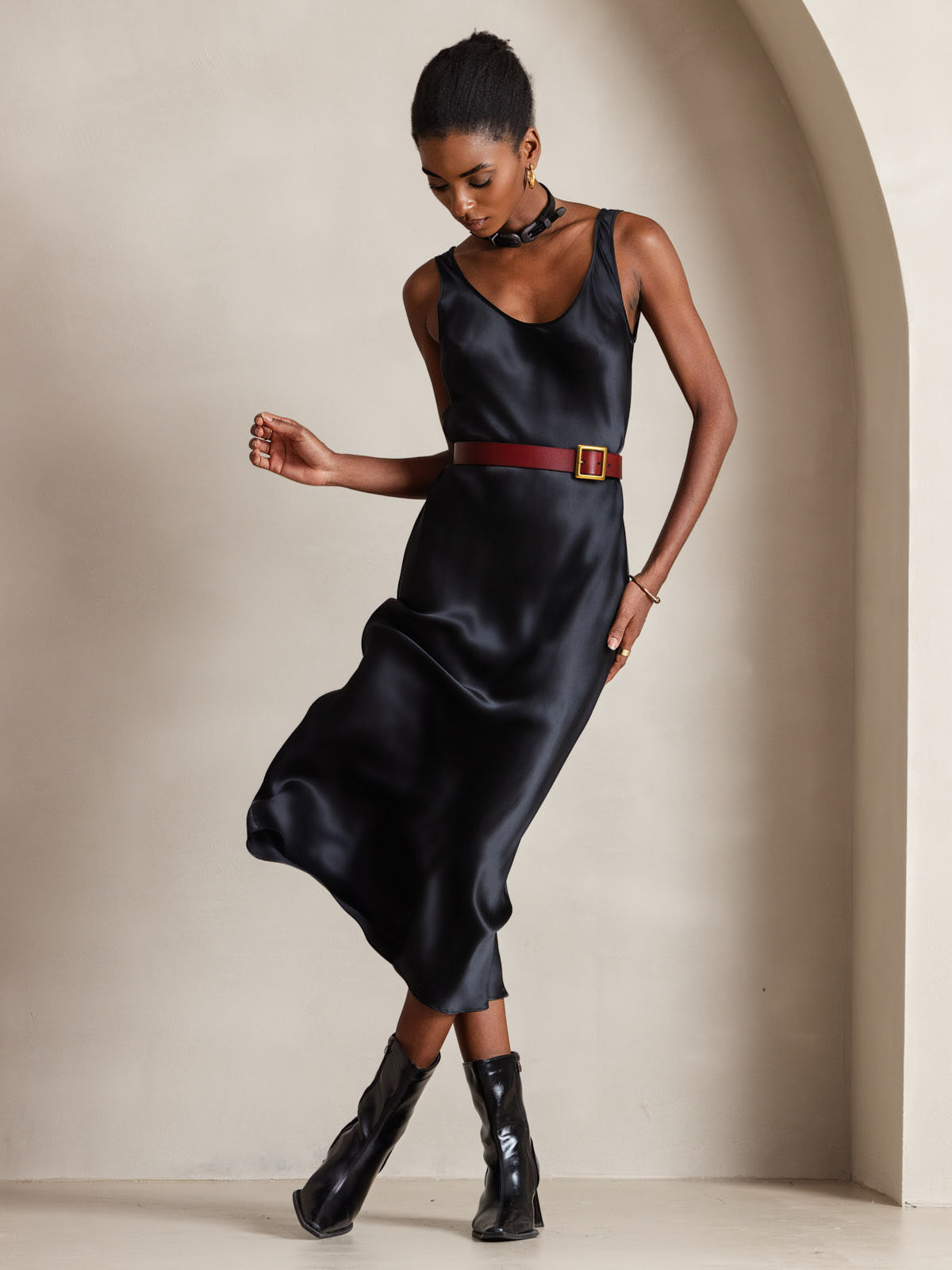 Pure Soie Sangle Larges Sans Manches Longue Robe