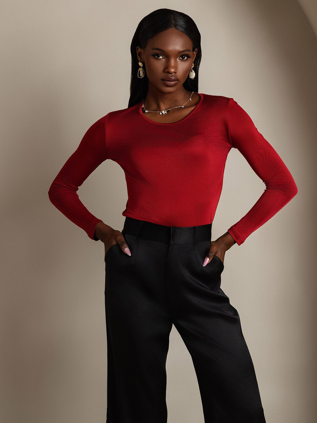 Mélange De Soie Col Rond Manches Longues T-Shirt