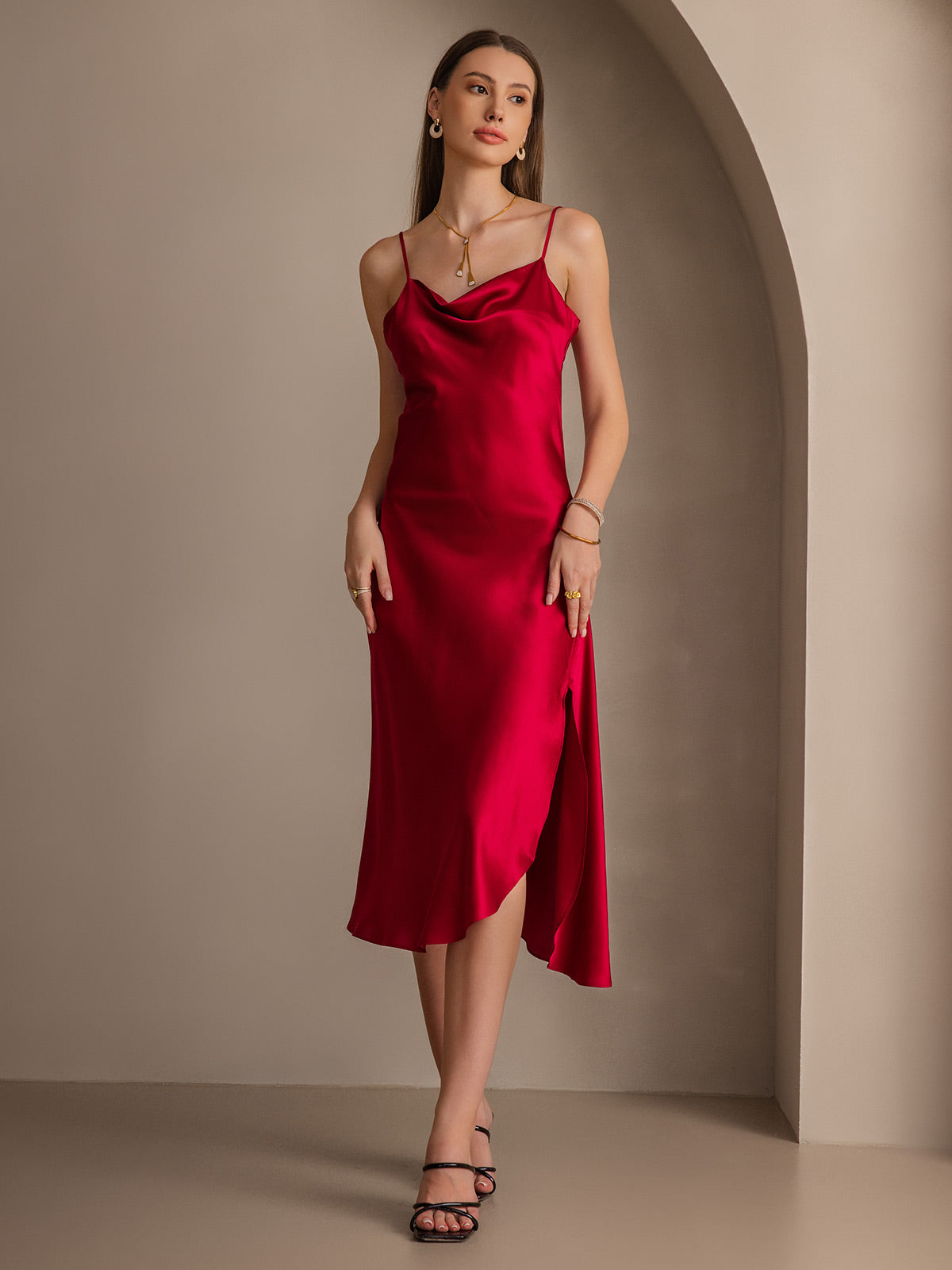 Pure Soie Bretelles Spaghetti Fente Longue Robe