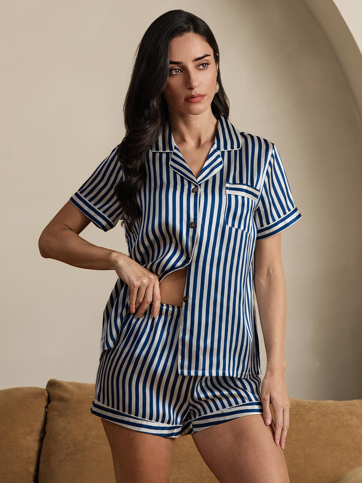 Femme Pyjamas Pure Soie Motif à Rayures Manches Courtes