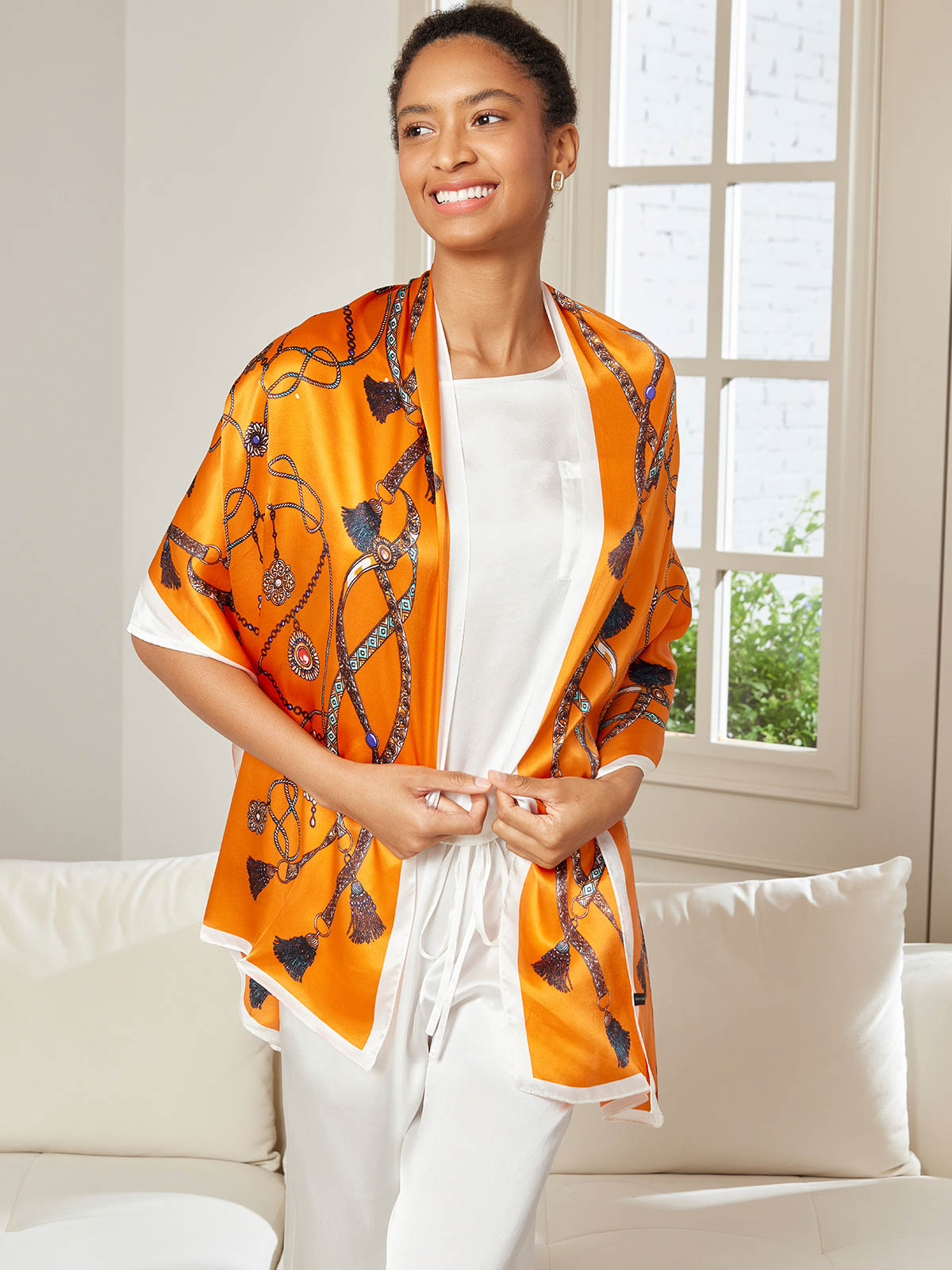 Foulard Châle Long Rectangulaire 100% Soie de Mûrier Imprimé 170x53cm