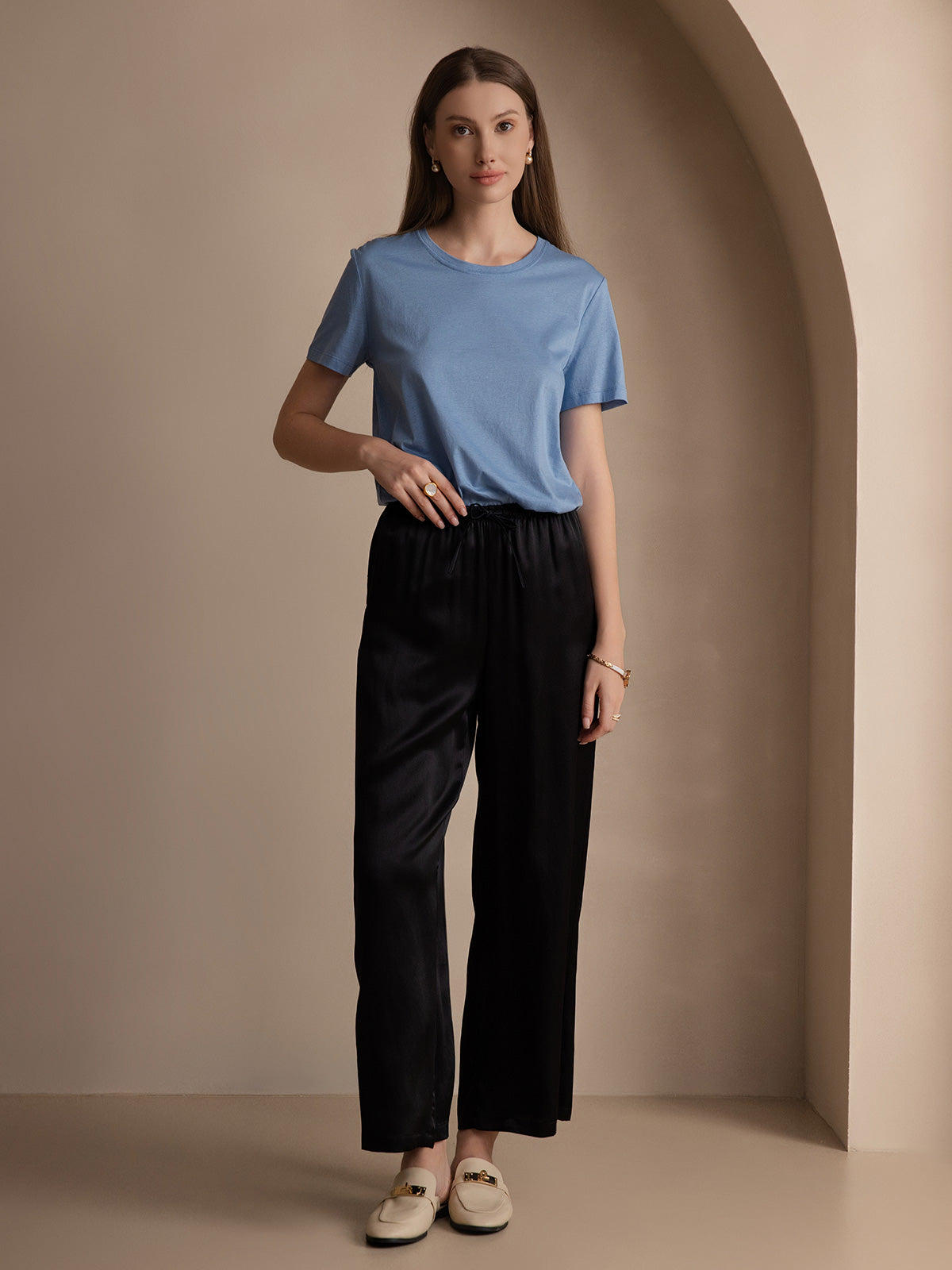 Soie Tricoté Basique Col Rond T-Shirt