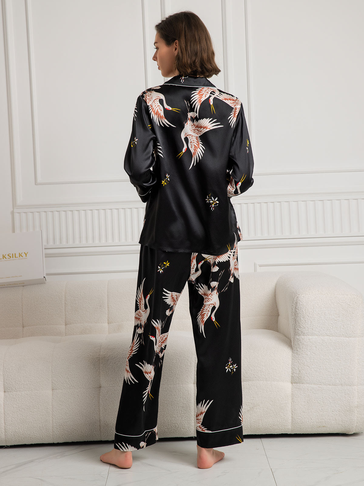 19Momme Ensemble Pyjama Long en Soie avec Imprimé Crane pour Femme