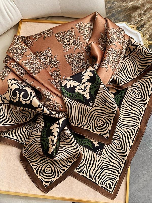 Foulard Carré en Soie Florale Marron 90