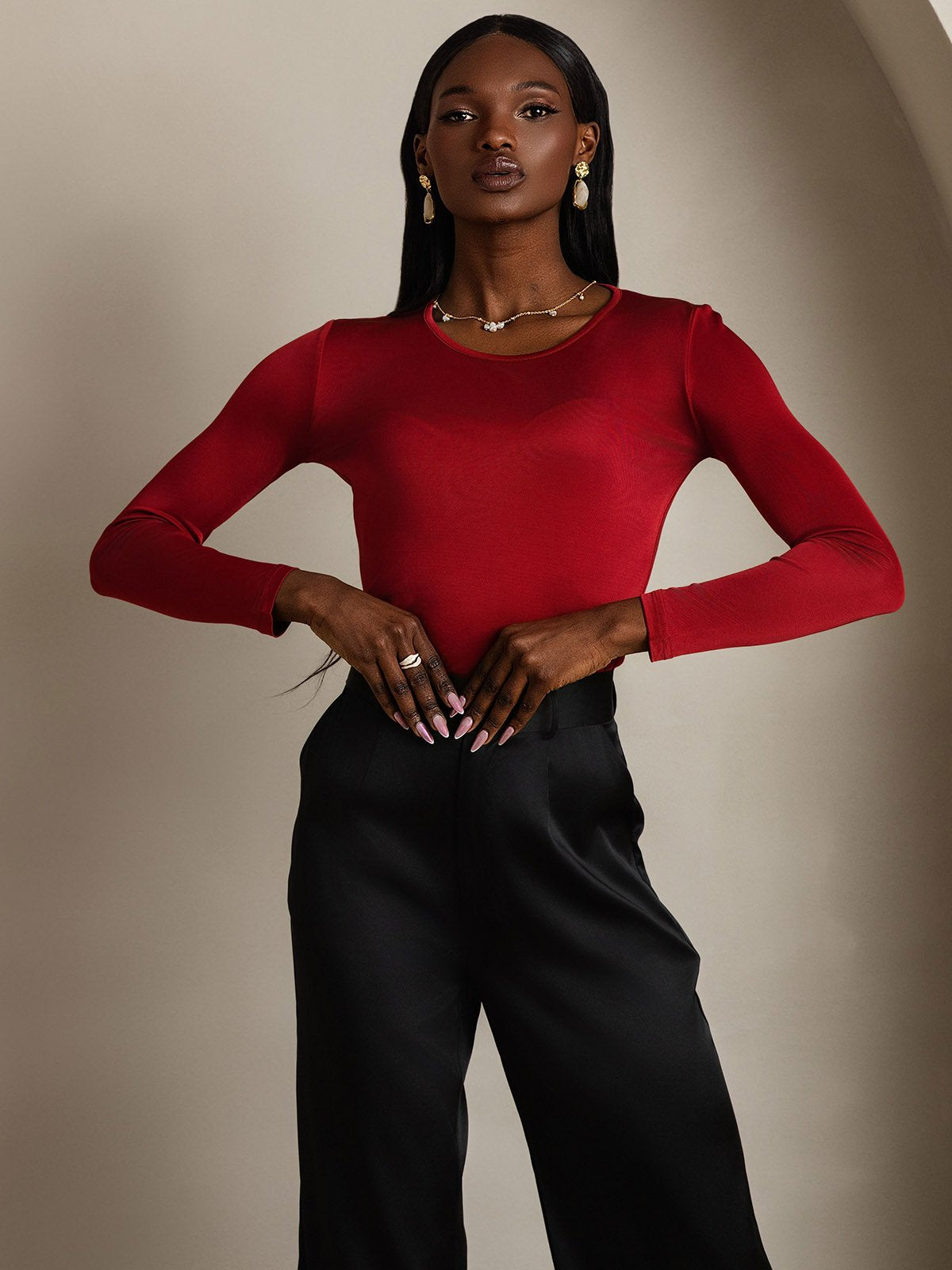 Mélange De Soie Col Rond Manches Longues T-Shirt