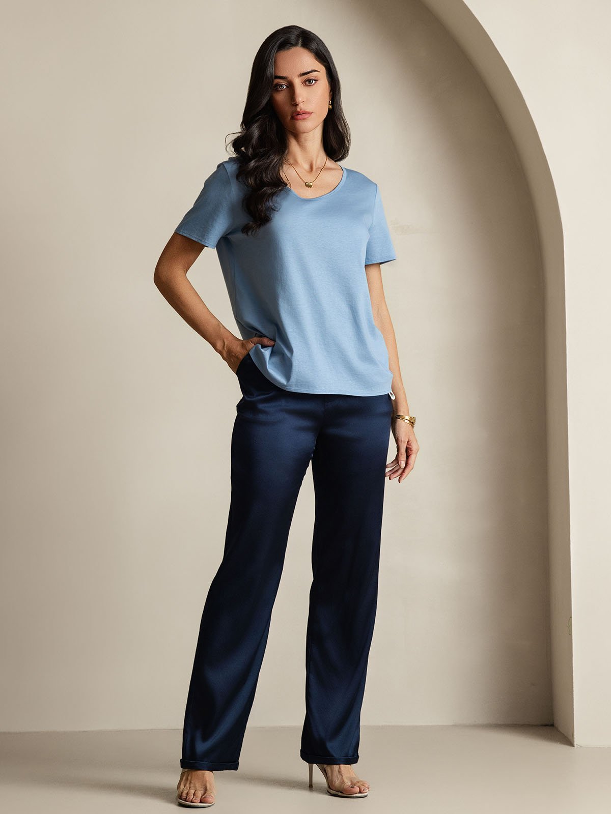 Mélange De Soie T-shirt Femme Col V