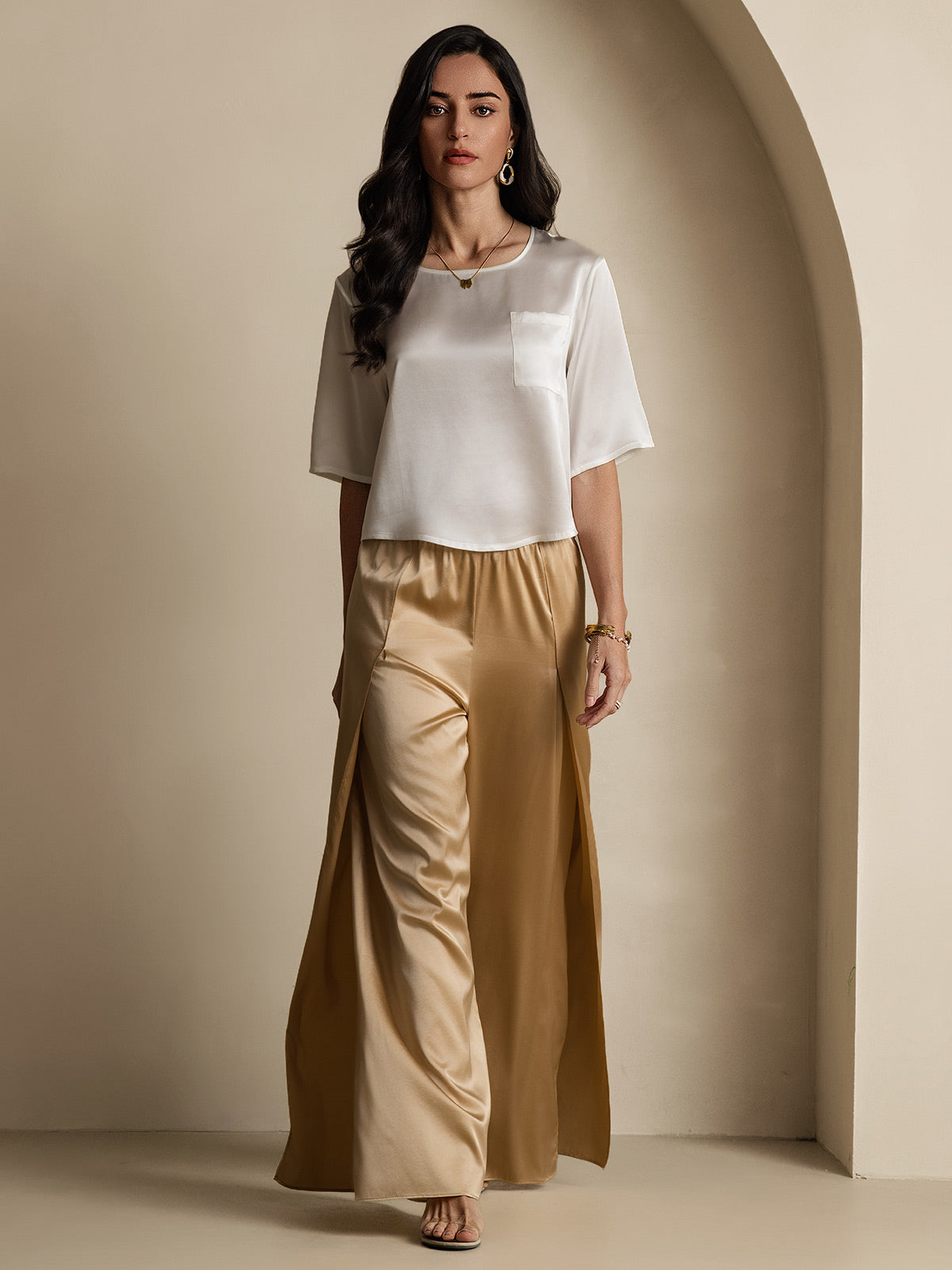 Femme T-Shirt Pure Soie Occasionnel Manches mi-longues