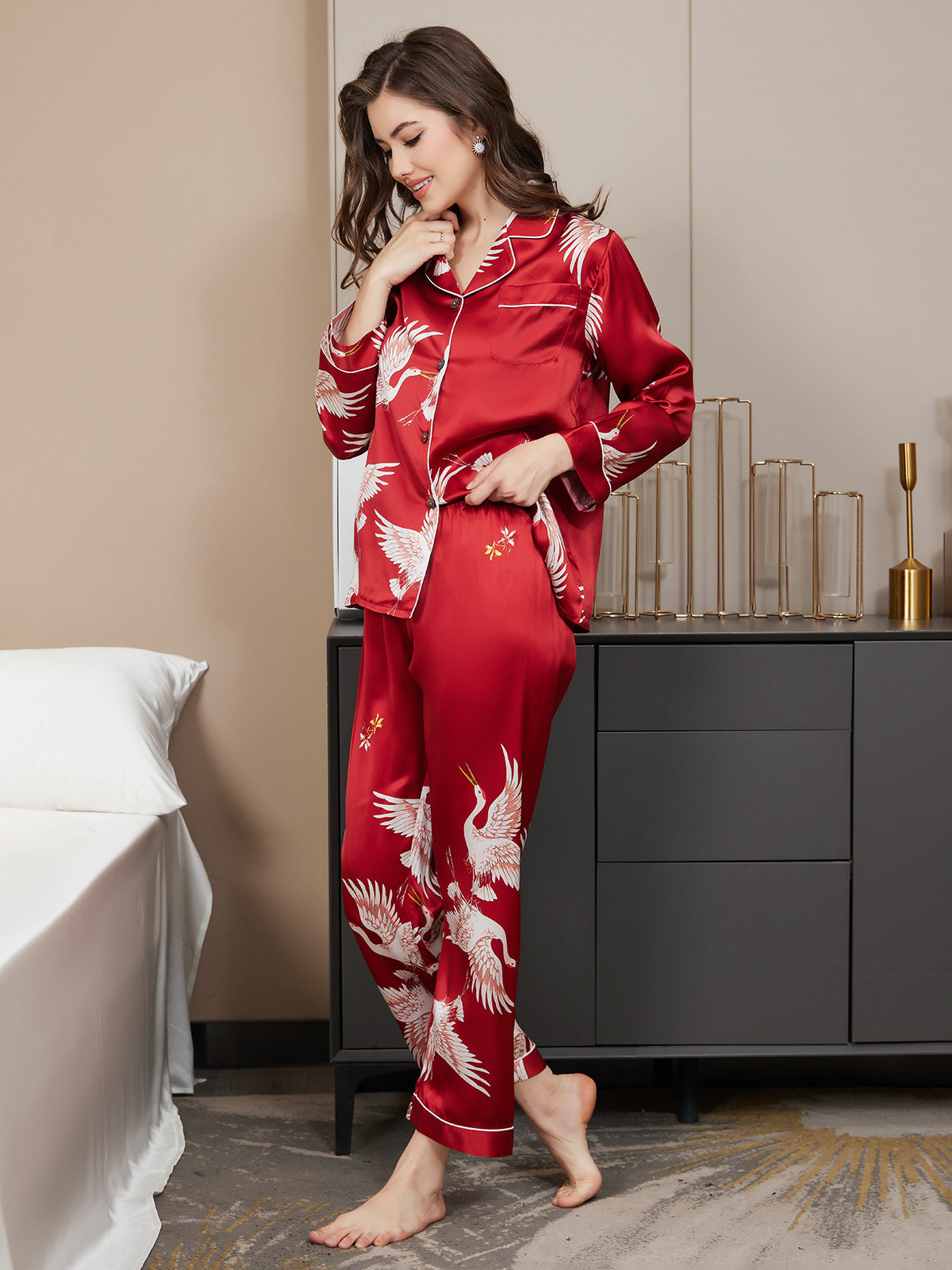 19Momme Ensemble Pyjama Long en Soie avec Imprimé Crane pour Femme