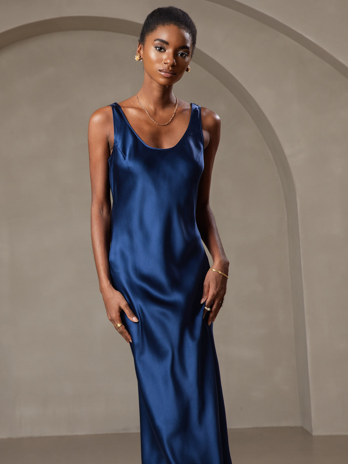 Pure Soie Sangle Larges Sans Manches Longue Robe