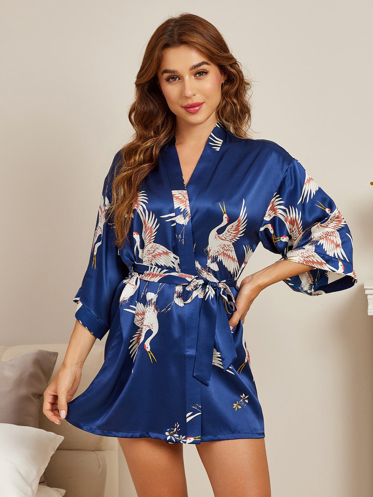 19Momme Kimono Peignoir Court en Soie avec Imprimé Crane pour Femme