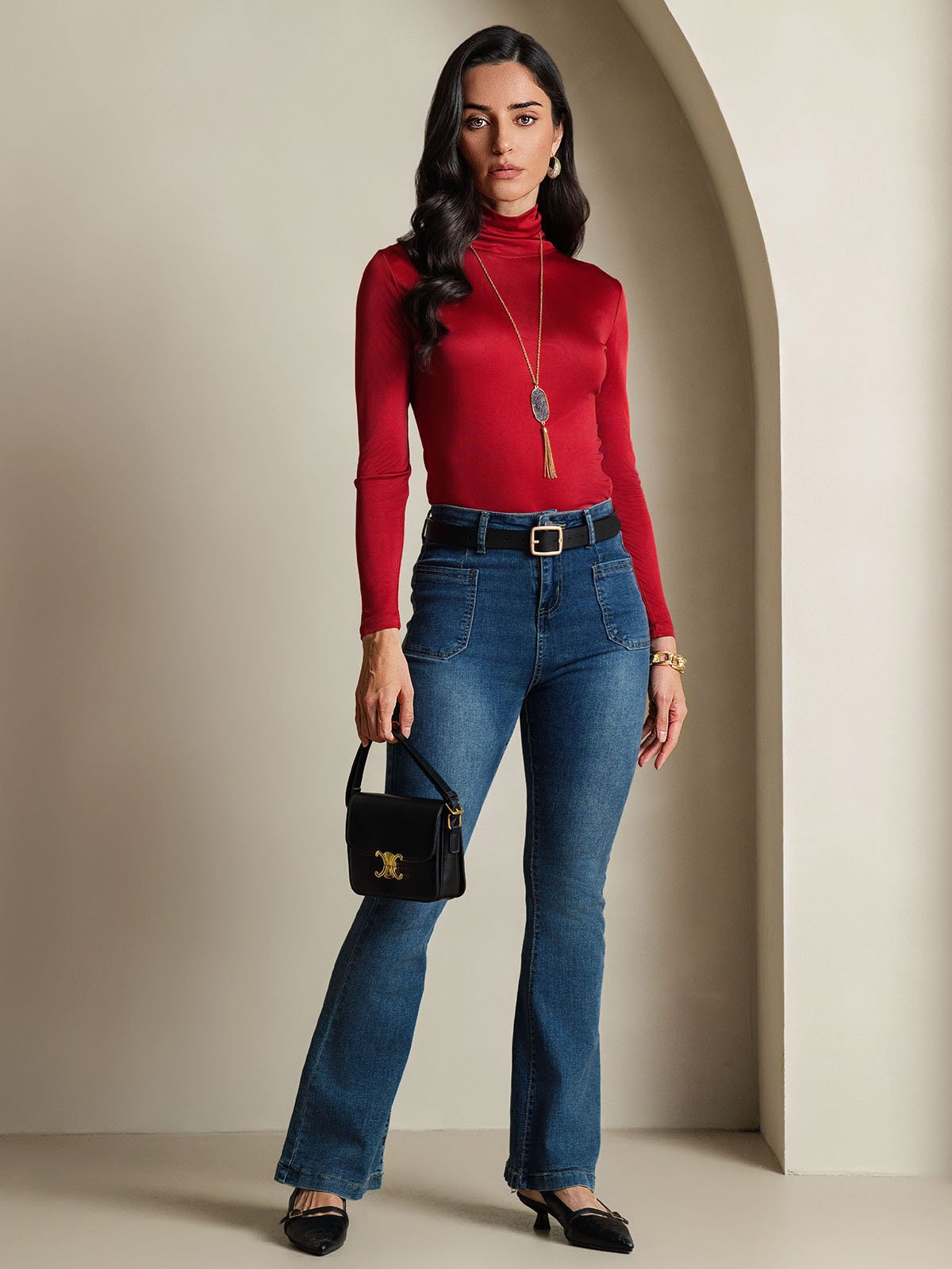 Haut à col montant en mélange de soie à manches longues T-shirt