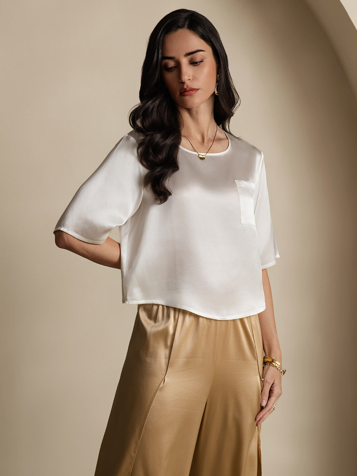 Femme T-Shirt Pure Soie Occasionnel Manches mi-longues