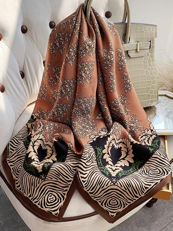 Foulard Carré en Soie Florale Marron 90