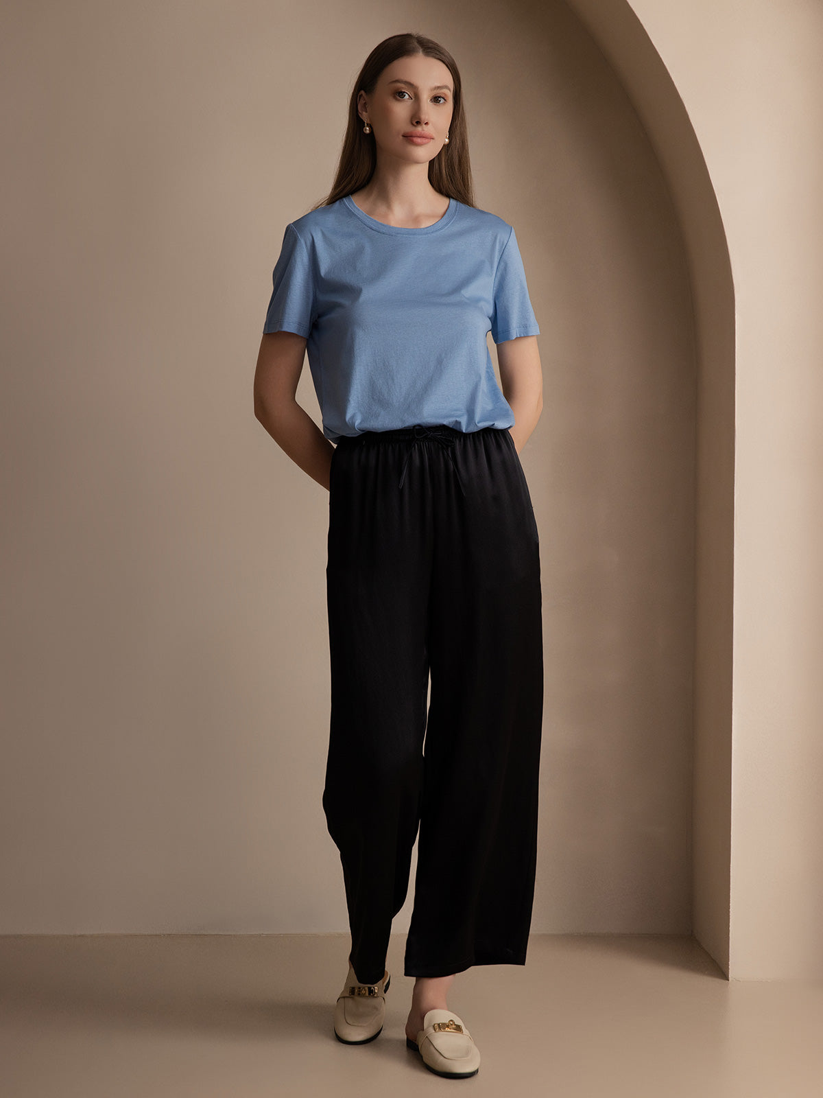 Soie Tricoté Basique Col Rond T-Shirt