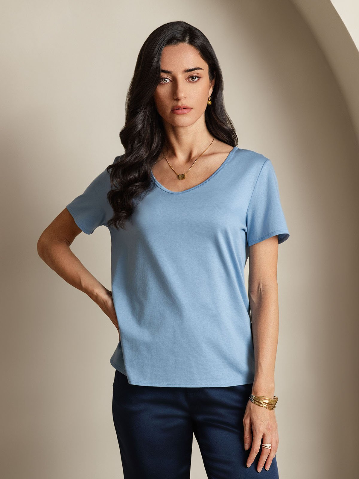 Mélange De Soie T-shirt Femme Col V