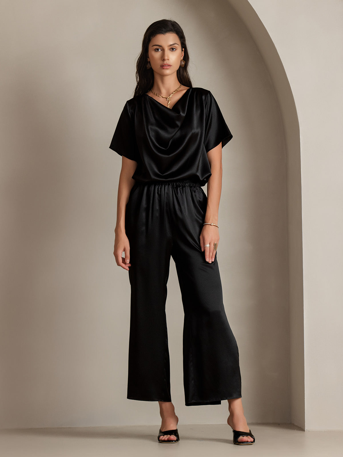 19Momme T-shirt court à col bénitier en soie décontracté