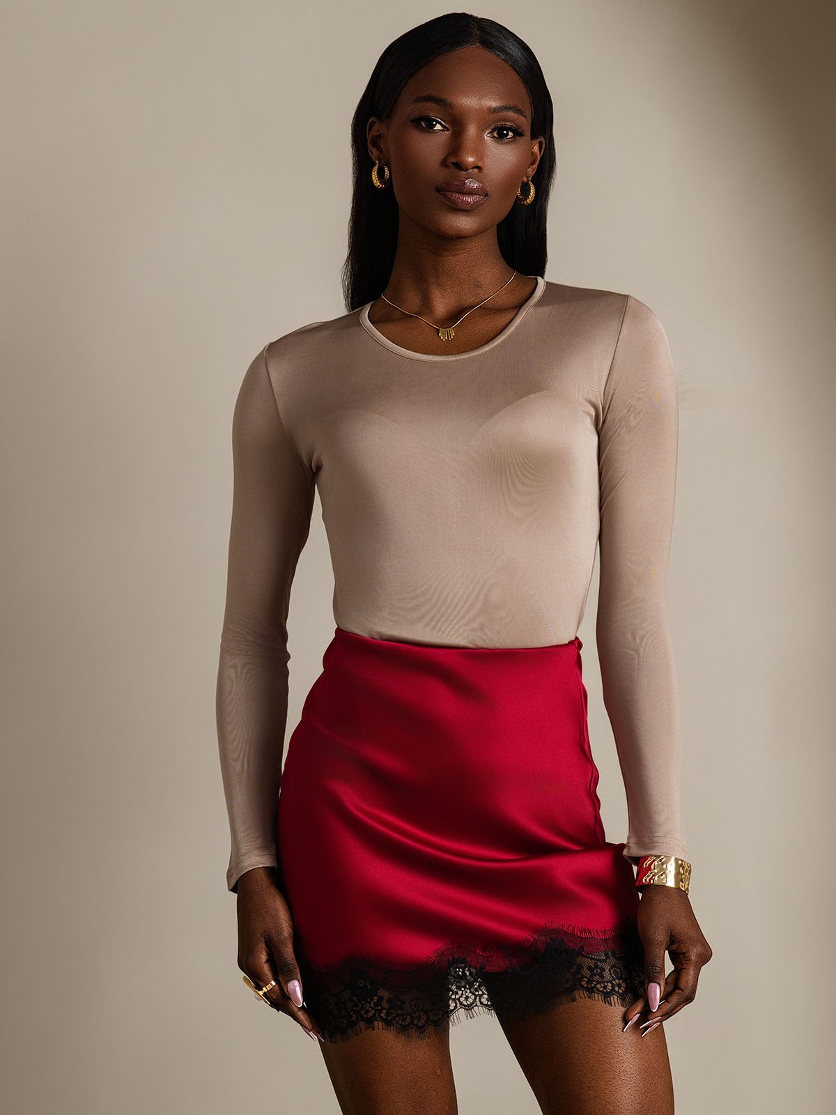 Mélange De Soie Col Rond Manches Longues T-Shirt