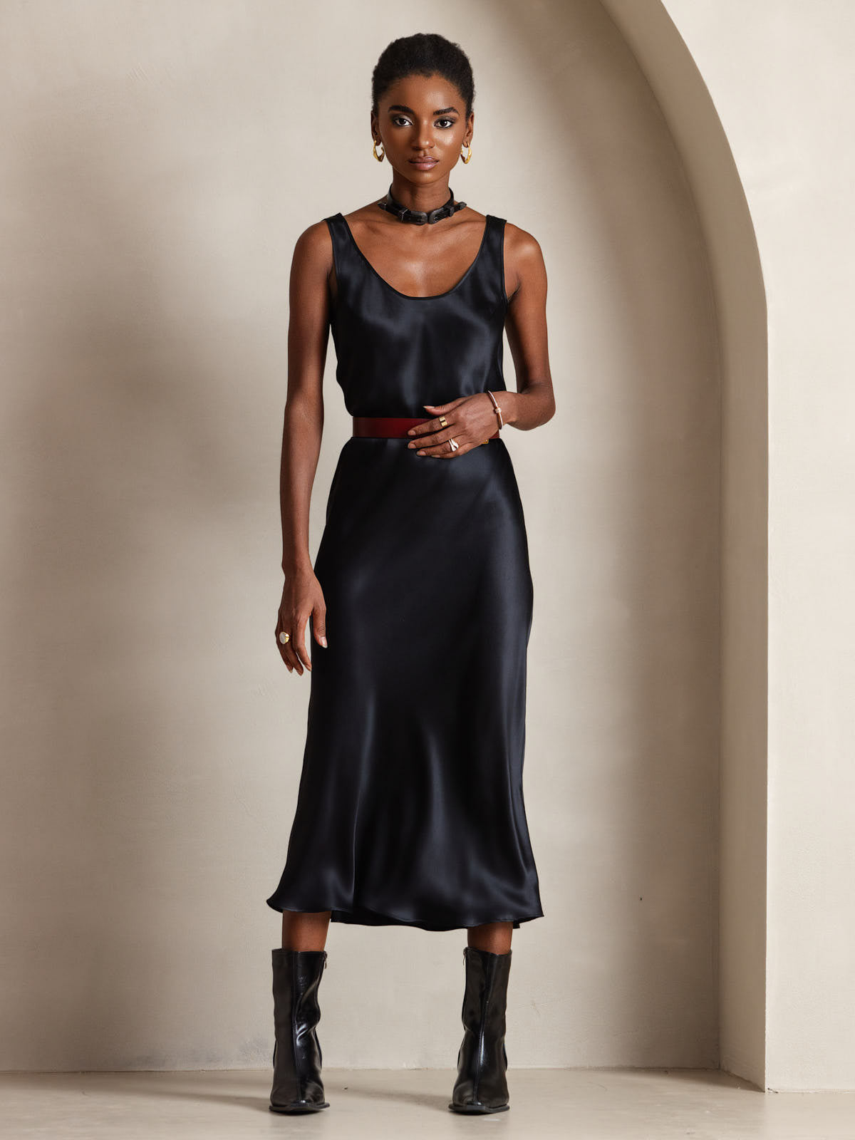 Pure Soie Sangle Larges Sans Manches Longue Robe