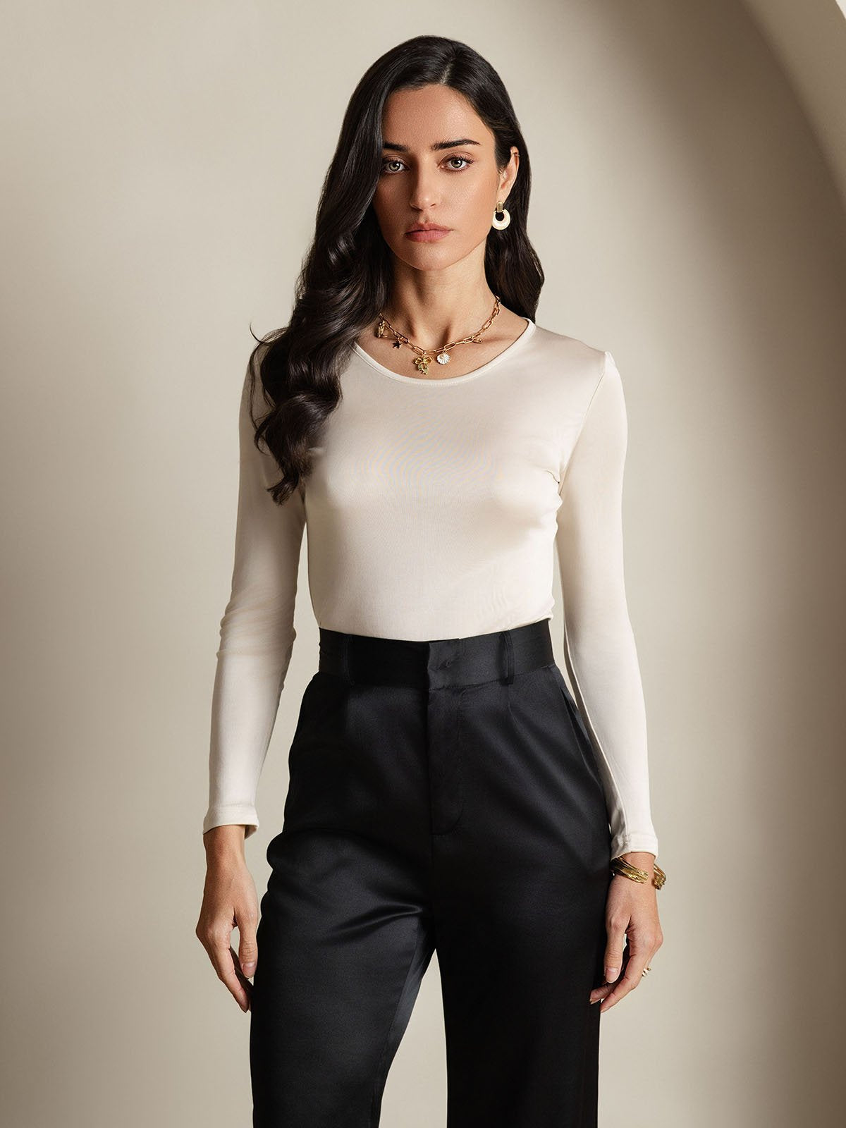 Mélange De Soie Col Rond Manches Longues T-Shirt