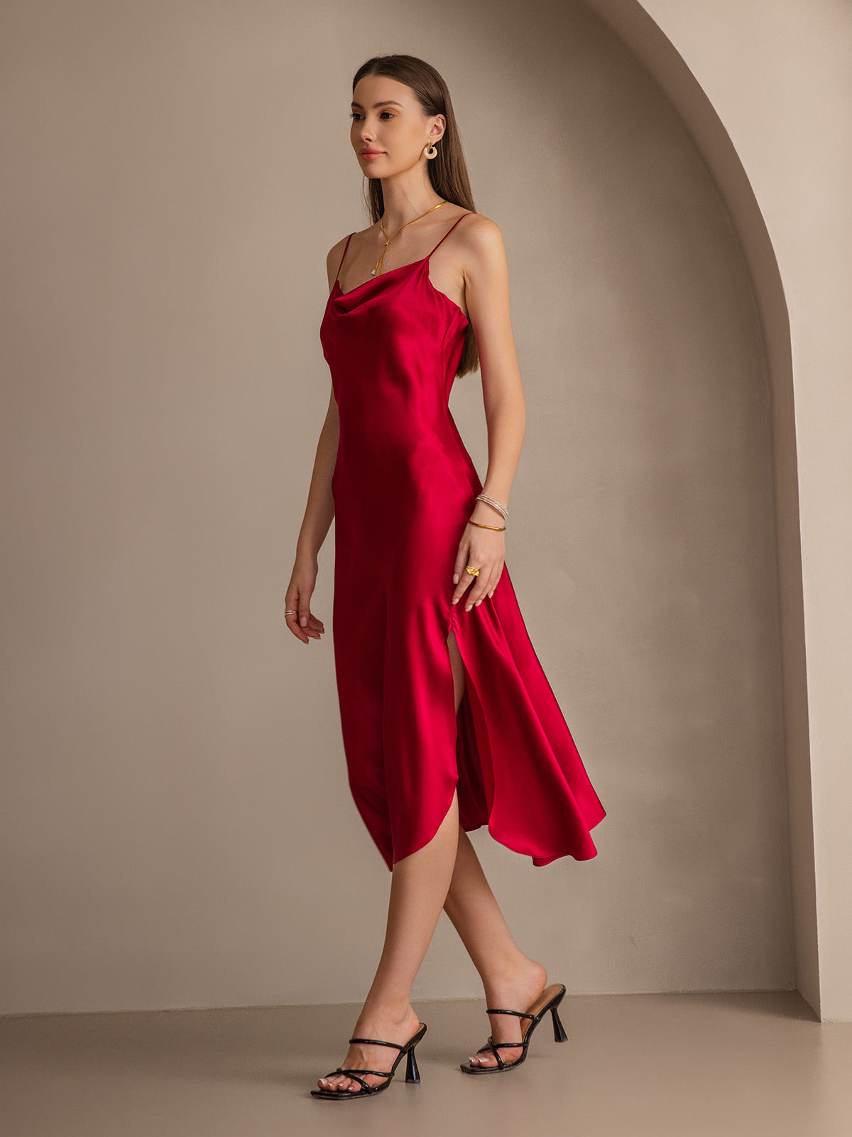 Pure Soie Bretelles Spaghetti Fente Longue Robe