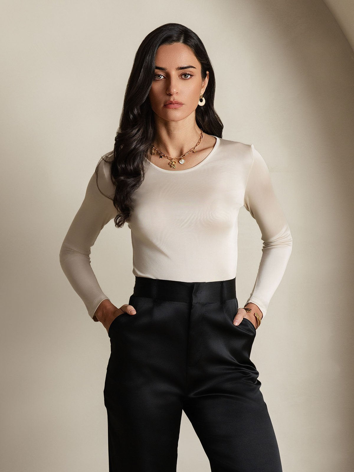 Mélange De Soie Col Rond Manches Longues T-Shirt