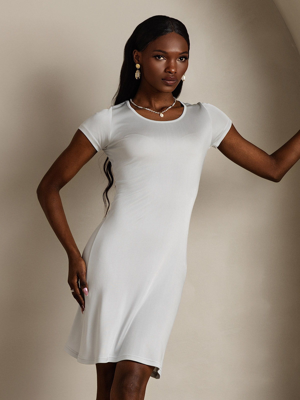 Soie Tricoté Ajusté Col rond Nuit Chemise