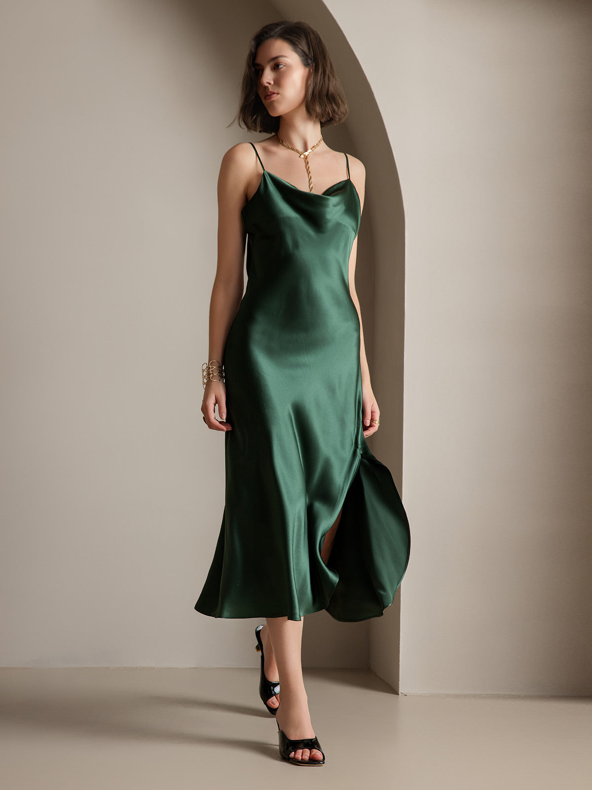 Pure Soie Bretelles Spaghetti Fente Longue Robe