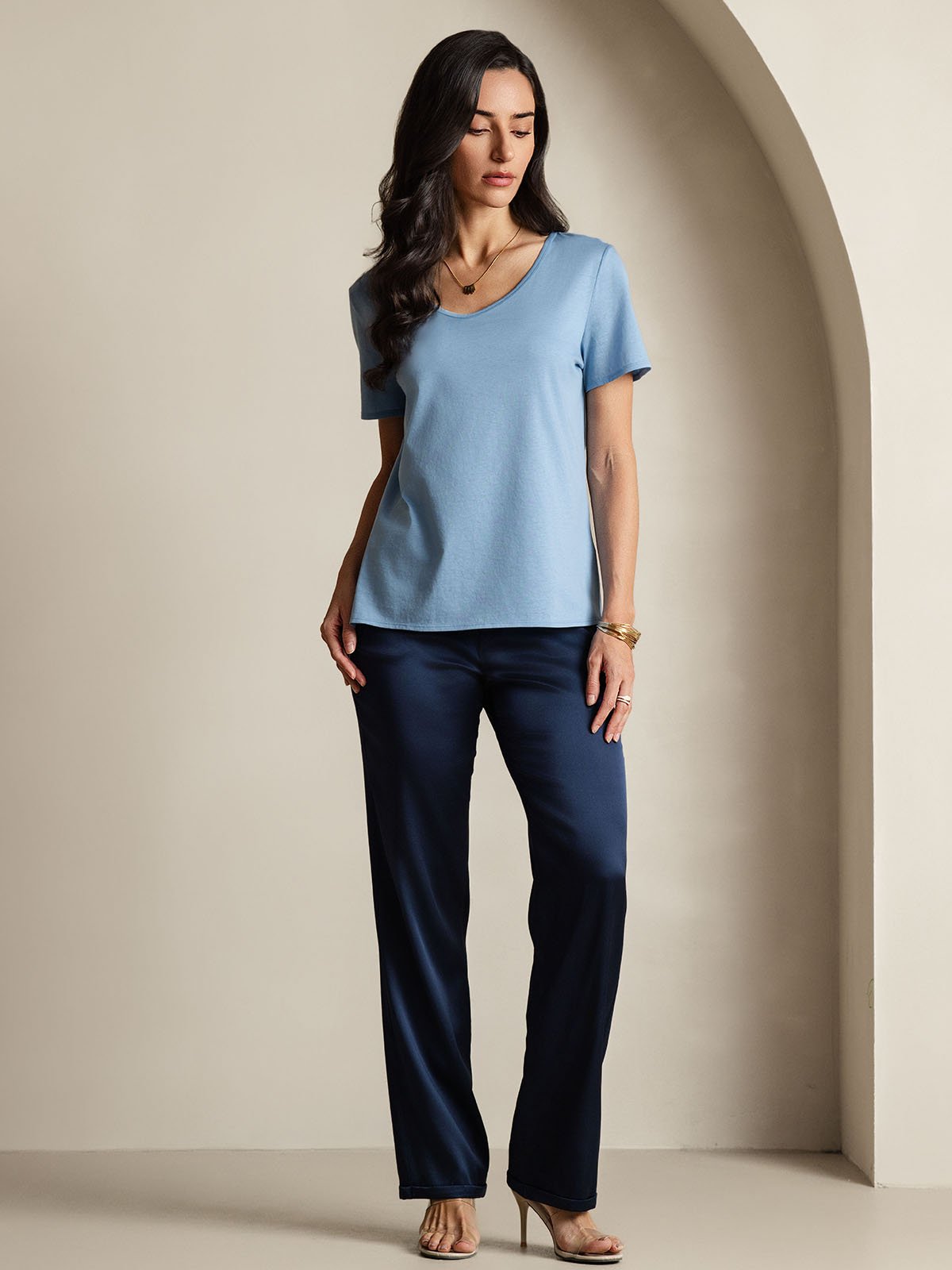 Mélange De Soie T-shirt Femme Col V