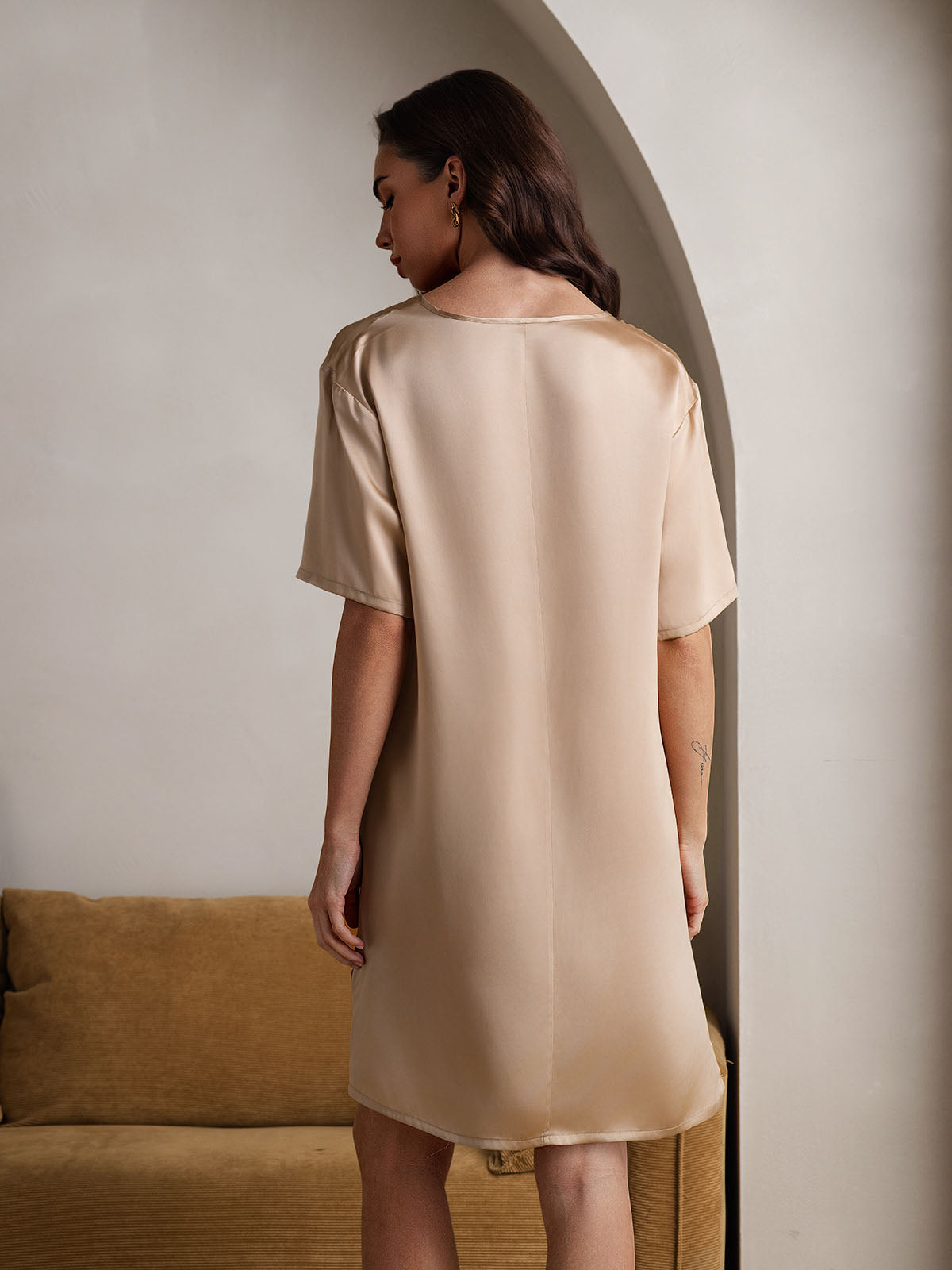 Chemises de nuit Pure Soie Sexy ourlet fendu Manches courtes