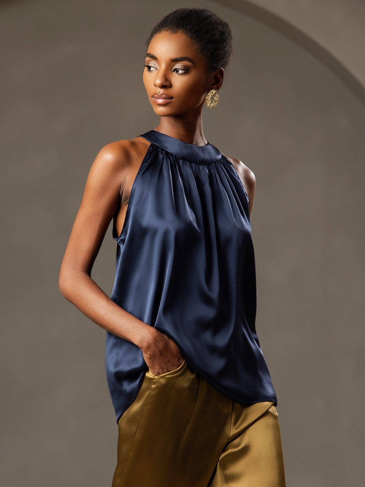 19 Momme Soie Décontracté Sans Manches Haut Licou