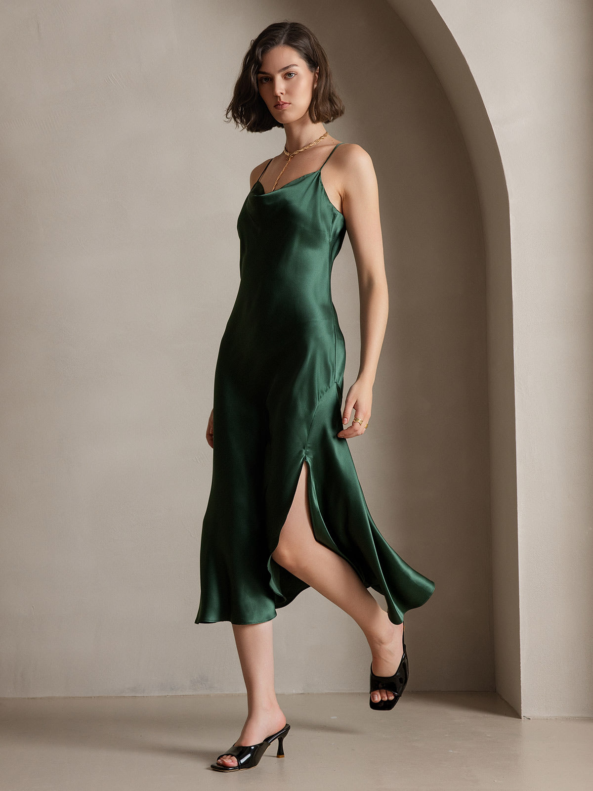 Pure Soie Bretelles Spaghetti Fente Longue Robe