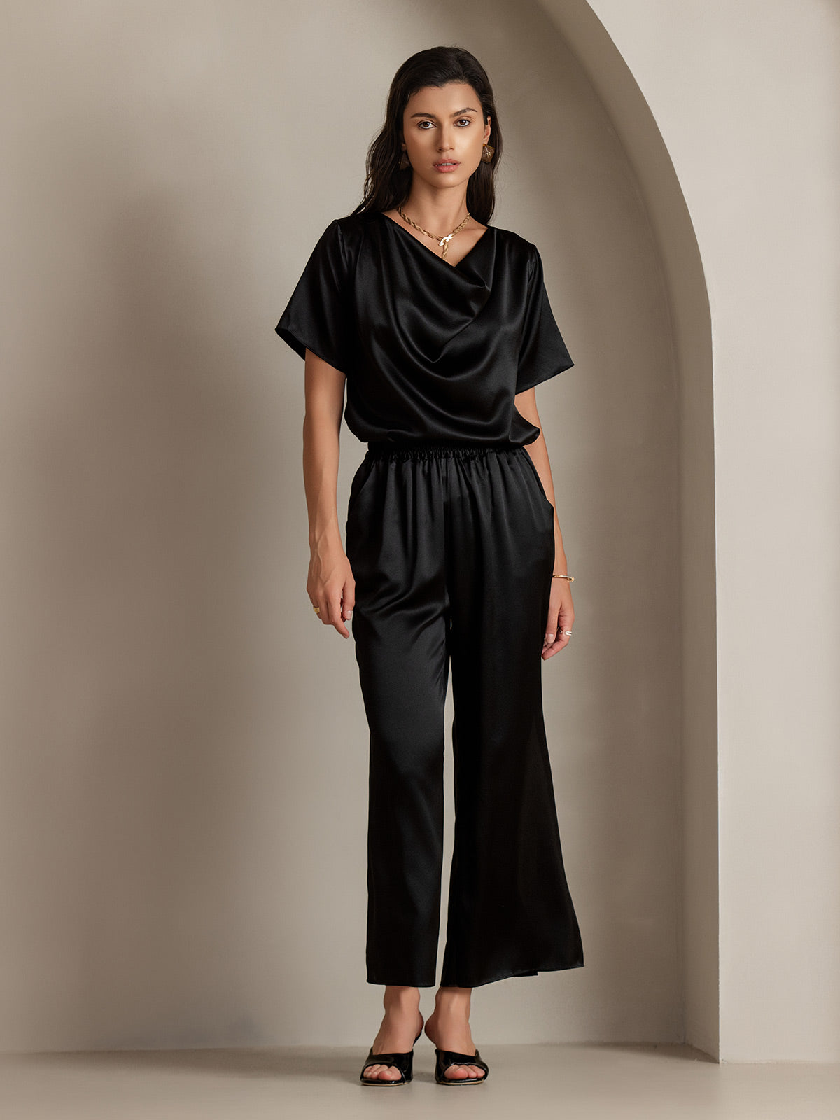 19Momme T-shirt court à col bénitier en soie décontracté