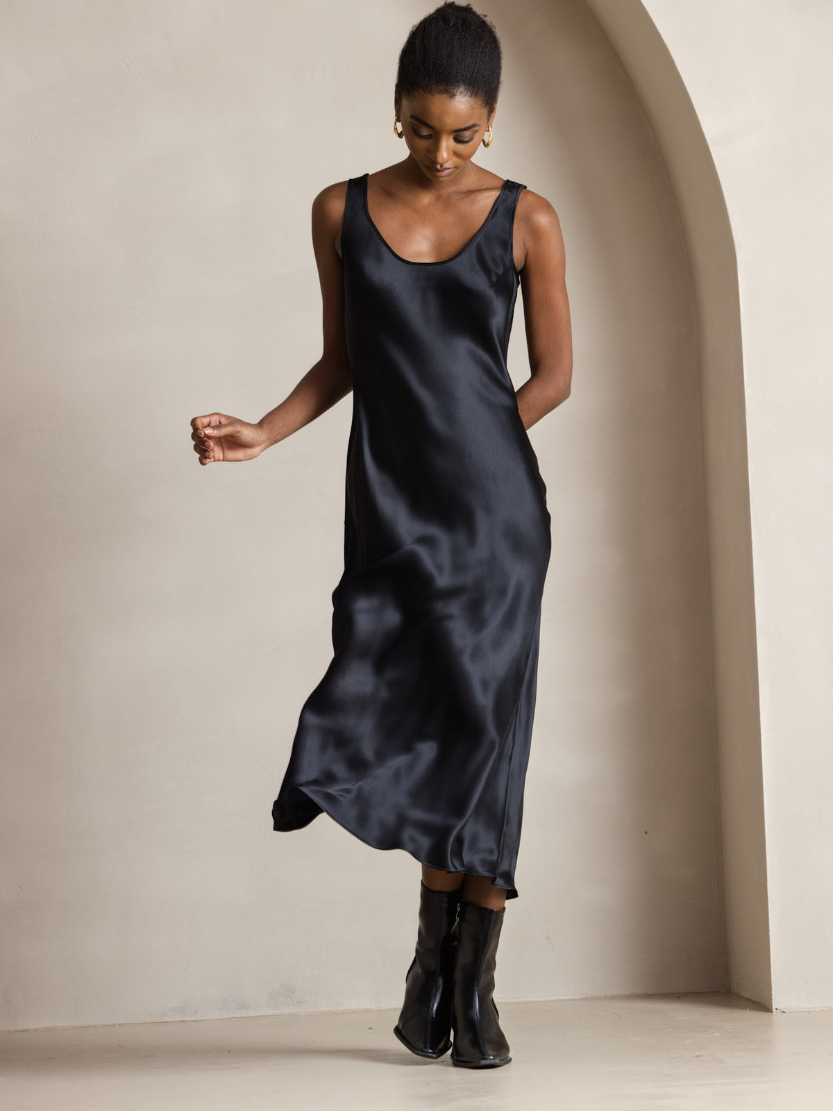 Pure Soie Sangle Larges Sans Manches Longue Robe