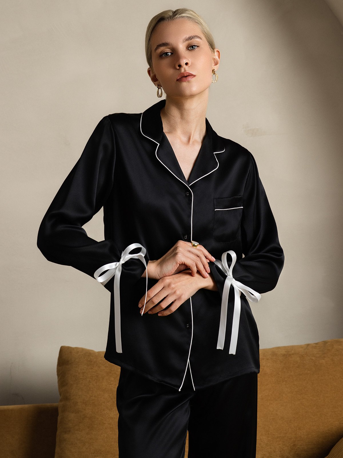 Pure Soie Longues Manches Pantalon Pyjama Set