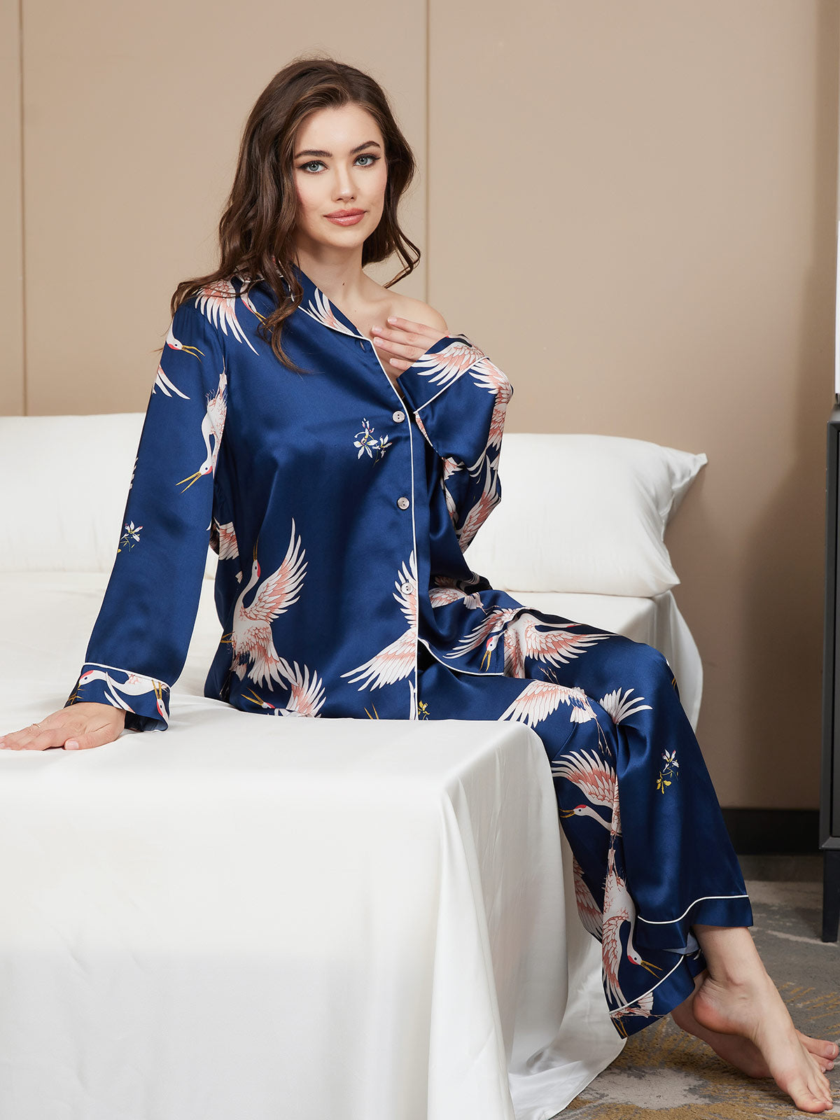 19Momme Ensemble Pyjama Long en Soie avec Imprimé Crane pour Femme