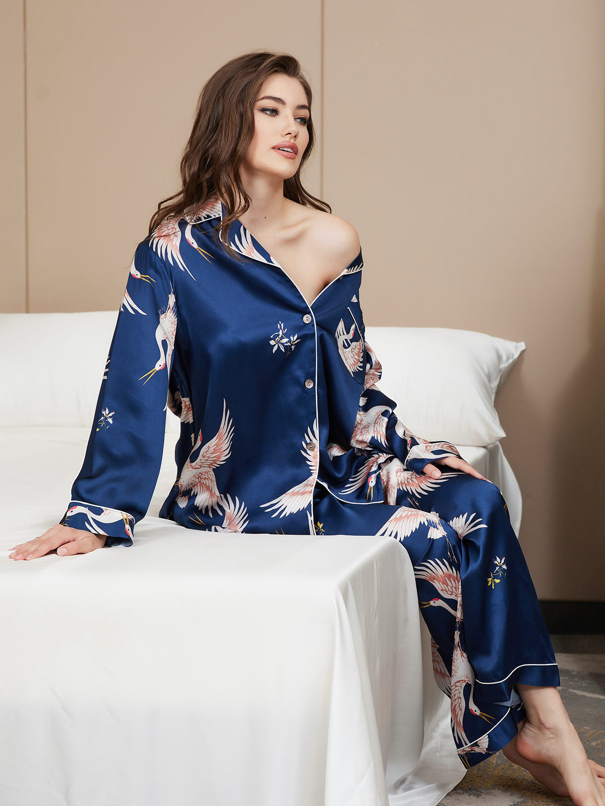 19Momme Ensemble Pyjama Long en Soie avec Imprimé Crane pour Femme
