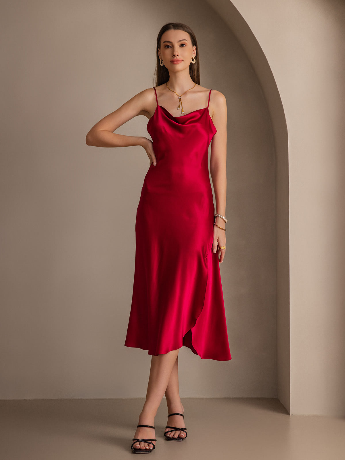 Pure Soie Bretelles Spaghetti Fente Longue Robe