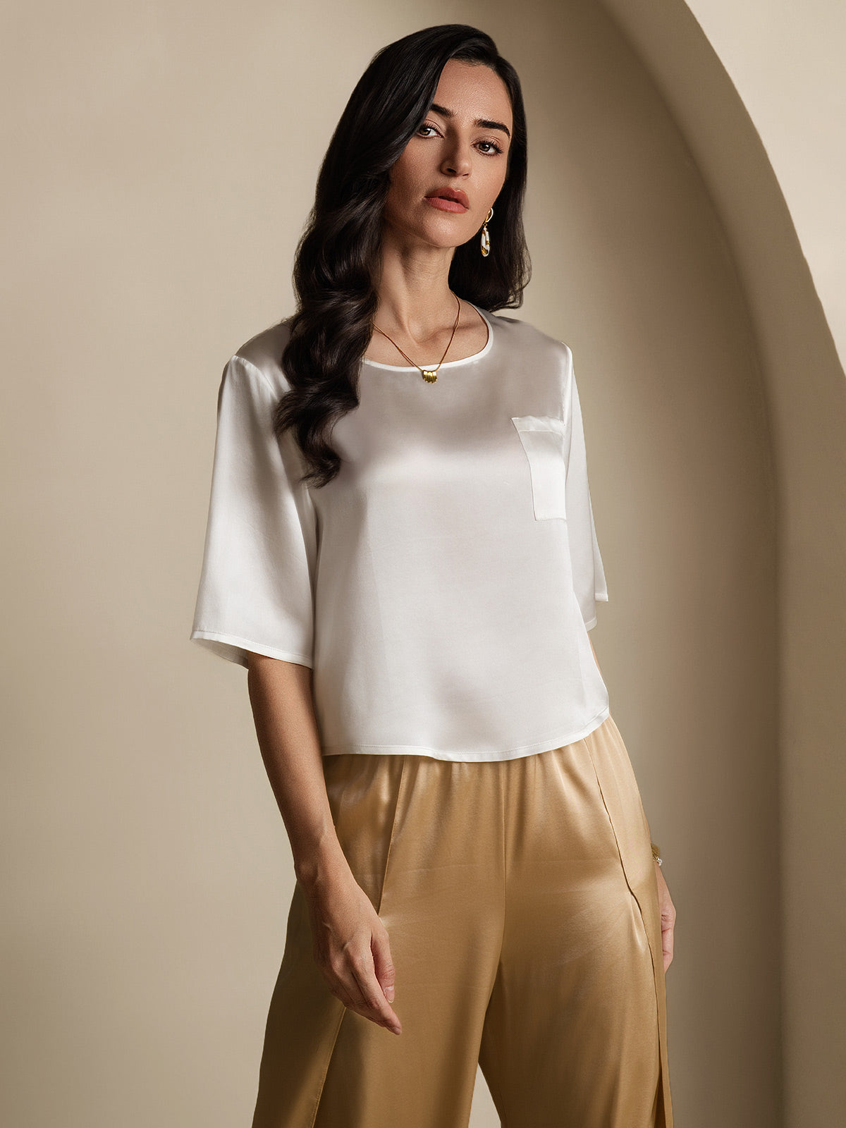 Femme T-Shirt Pure Soie Occasionnel Manches mi-longues