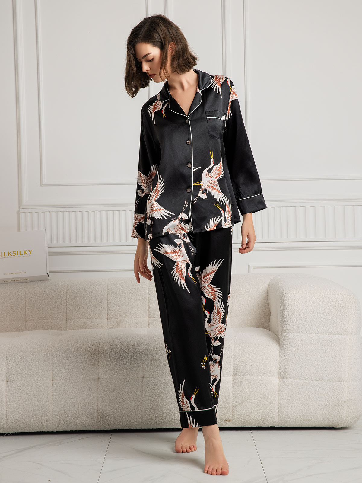 19Momme Ensemble Pyjama Long en Soie avec Imprimé Crane pour Femme