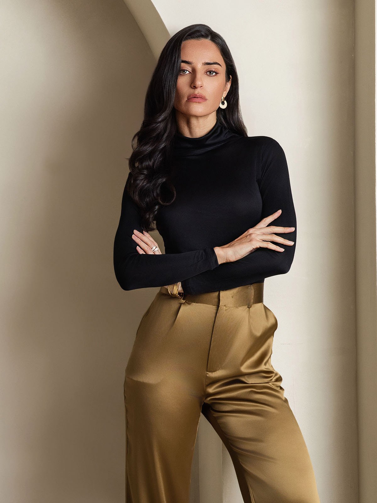 Haut à col montant en mélange de soie à manches longues T-shirt