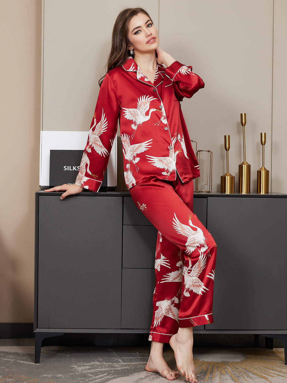 19Momme Ensemble Pyjama Long en Soie avec Imprimé Crane pour Femme
