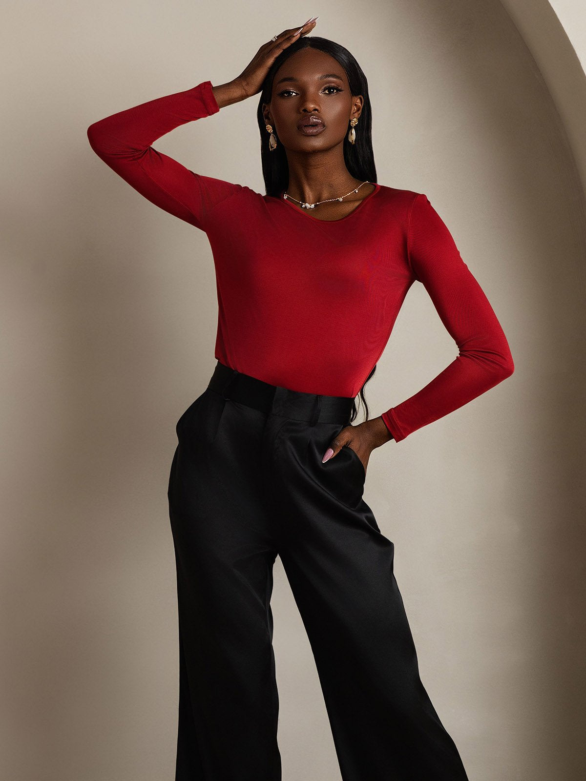 Mélange De Soie Col Rond Manches Longues T-Shirt