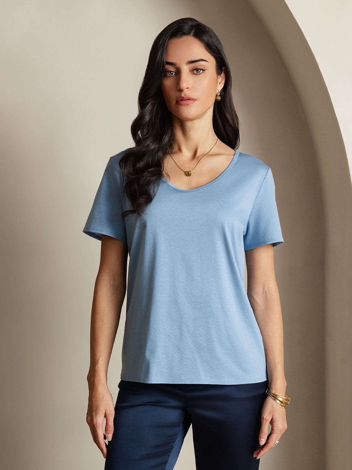 Mélange De Soie T-shirt Femme Col V