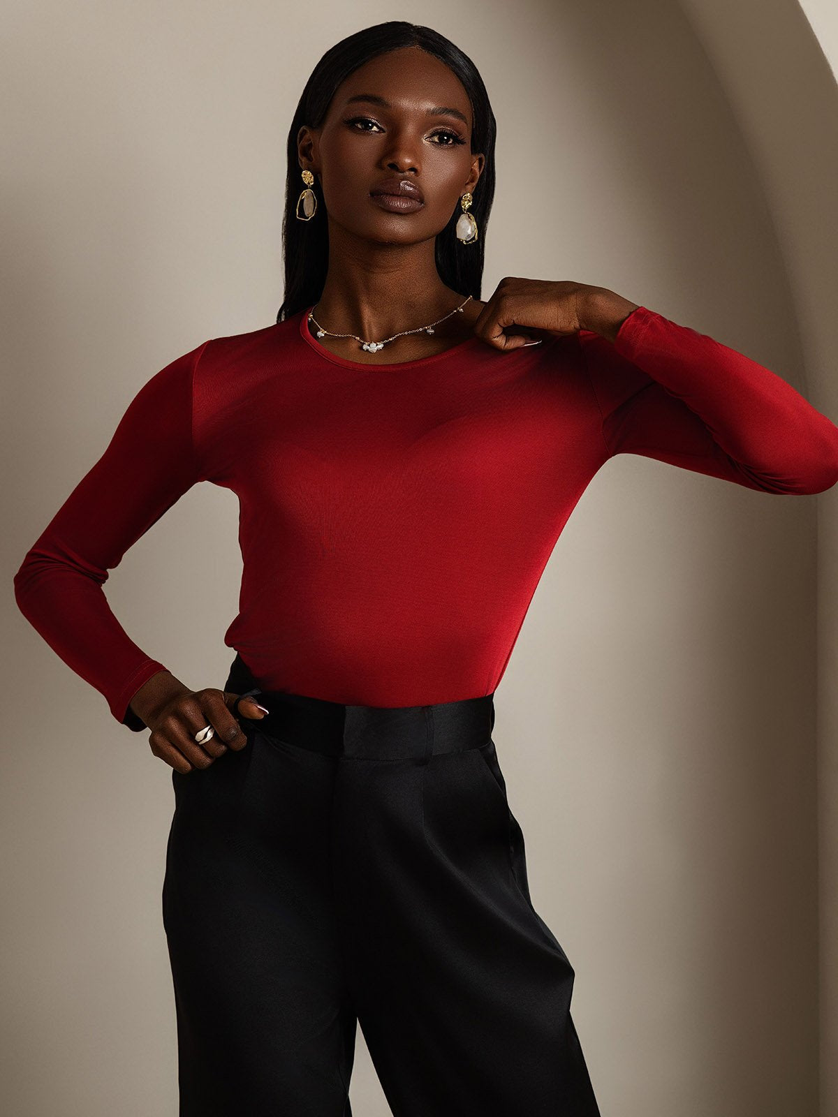 Mélange De Soie Col Rond Manches Longues T-Shirt